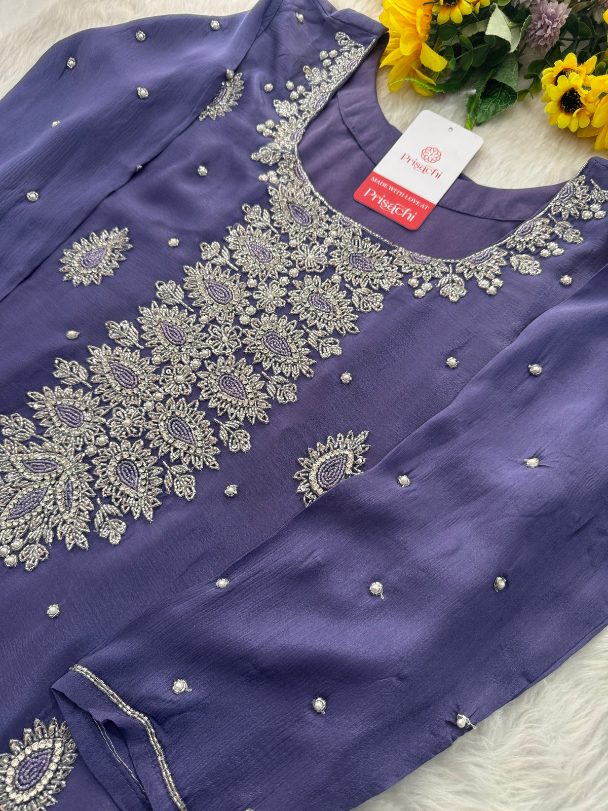 Lavender Embroidered Sharara Suit Set with Handwork Kurta & Dupatta