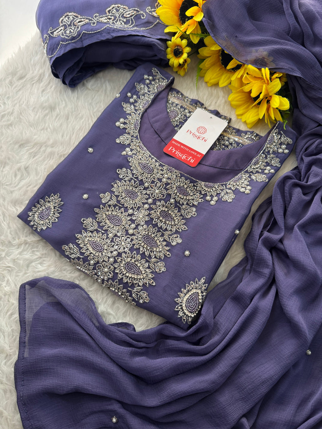 Lavender Embroidered Sharara Suit Set with Handwork Kurta & Dupatta