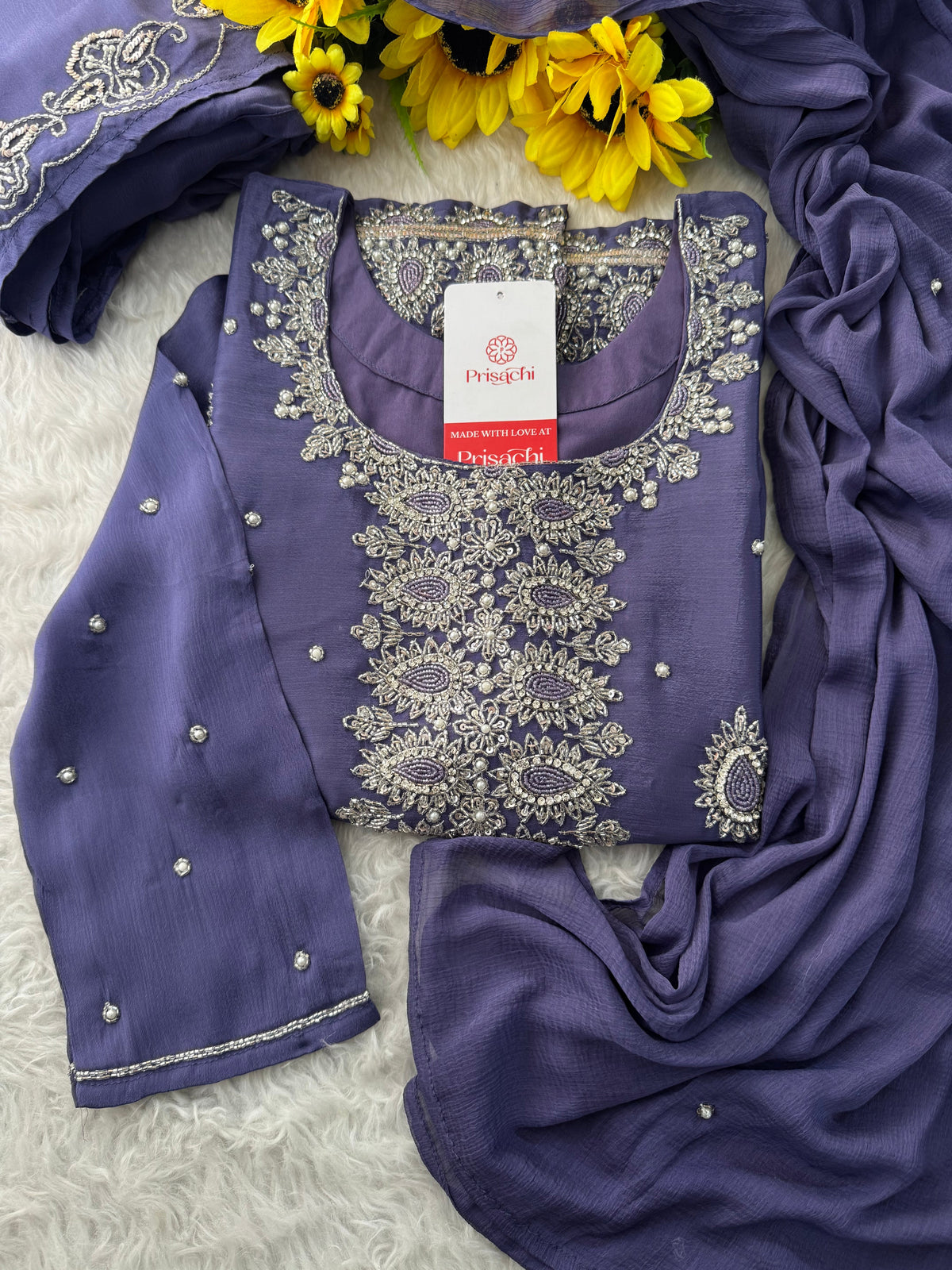 Lavender Embroidered Sharara Suit Set with Handwork Kurta & Dupatta