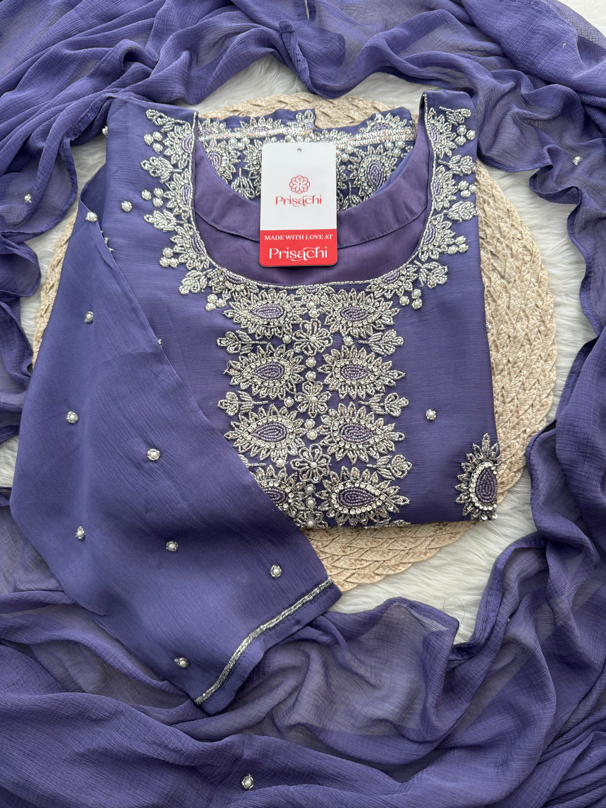 Lavender Embroidered Sharara Suit Set with Handwork Kurta & Dupatta
