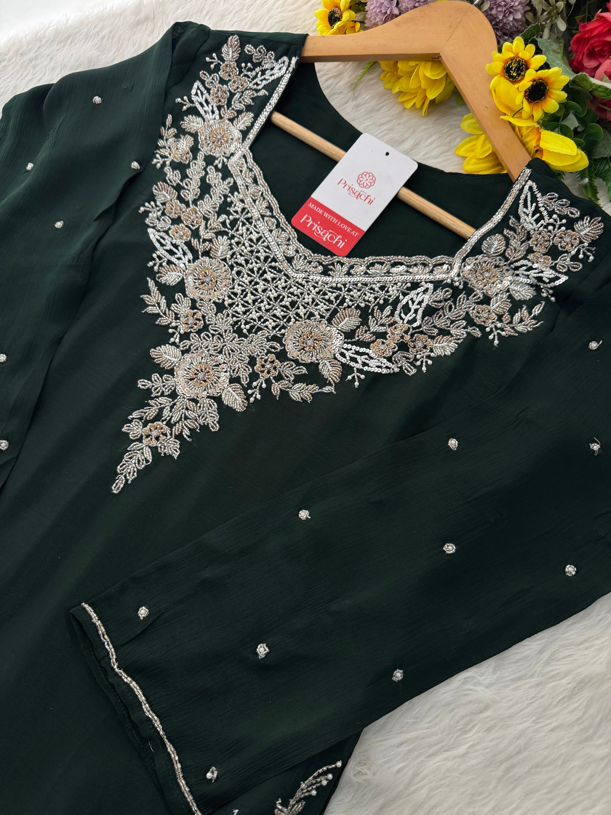 Dark Green Embroidered Kurti Sharara Suit Set with Dupatta for Women