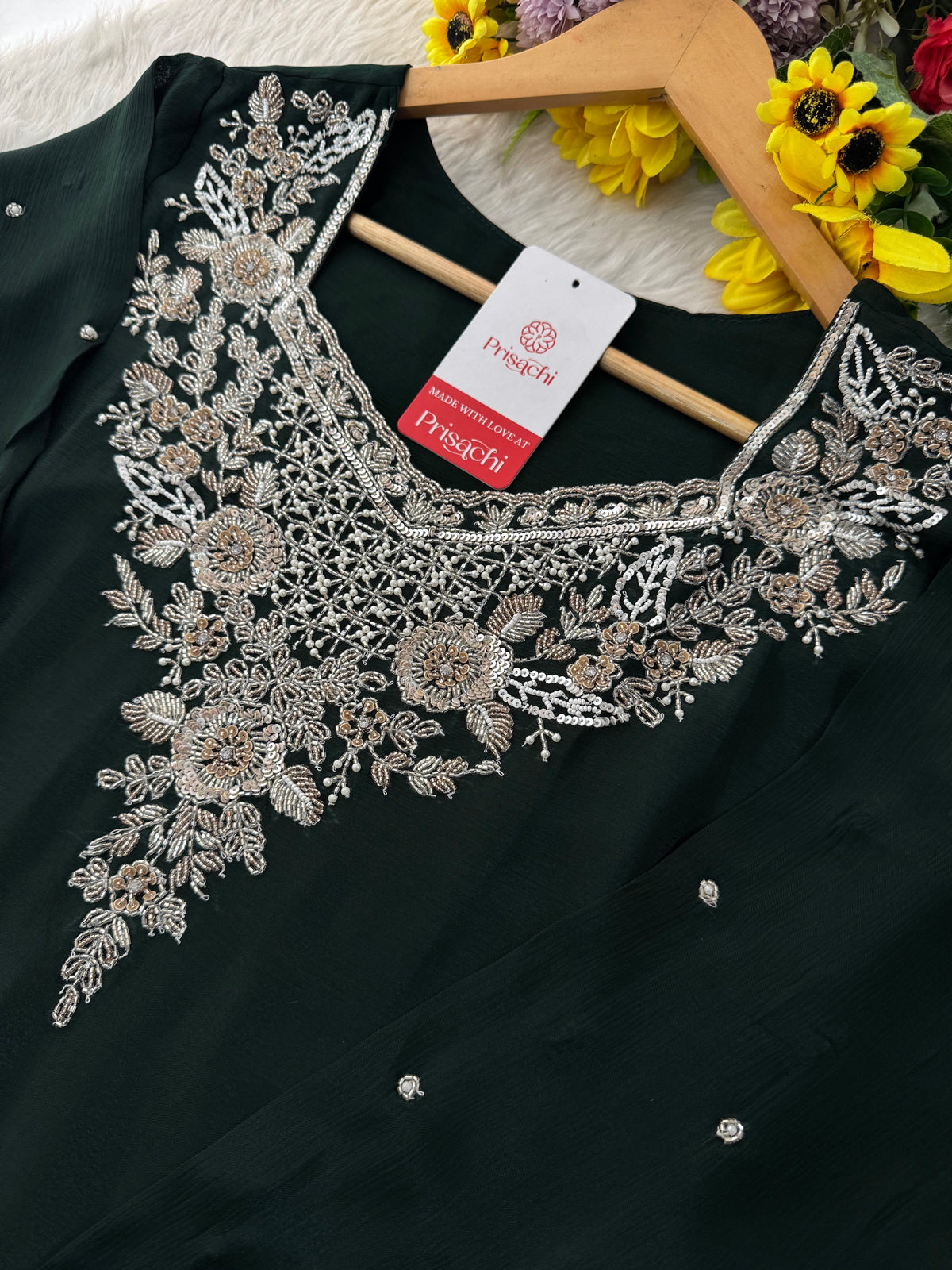 Dark Green Embroidered Kurti Sharara Suit Set with Dupatta for Women