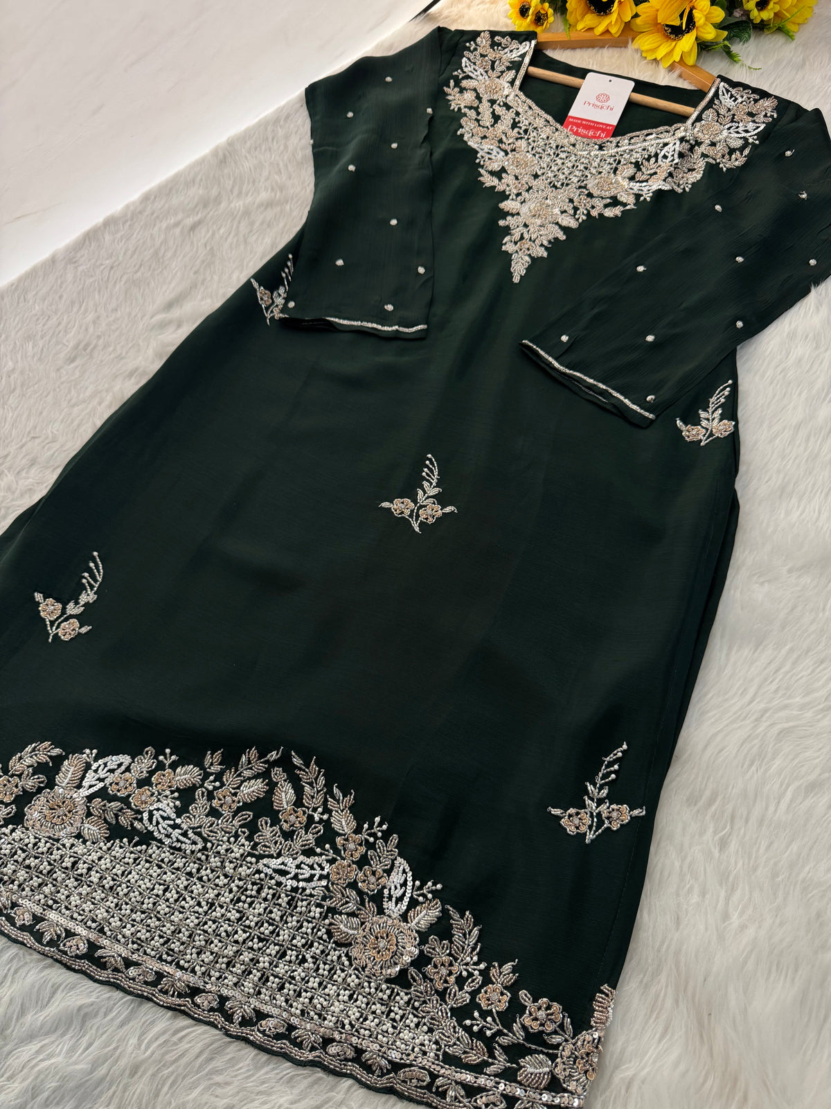 Dark Green Embroidered Kurti Sharara Suit Set with Dupatta for Women