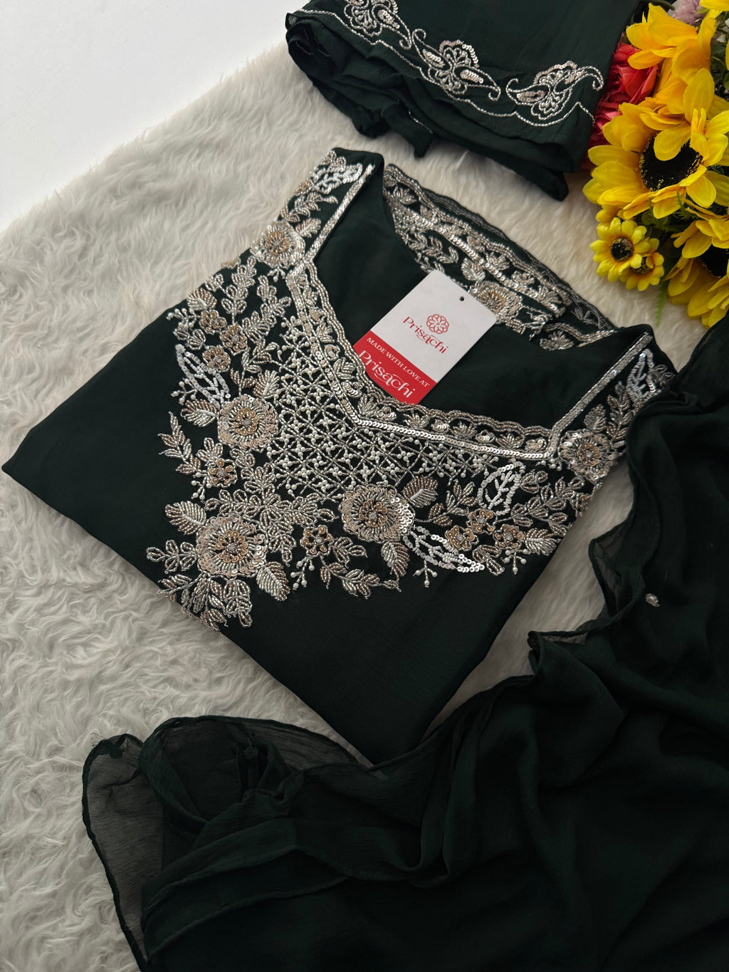 Dark Green Embroidered Kurti Sharara Suit Set with Dupatta for Women