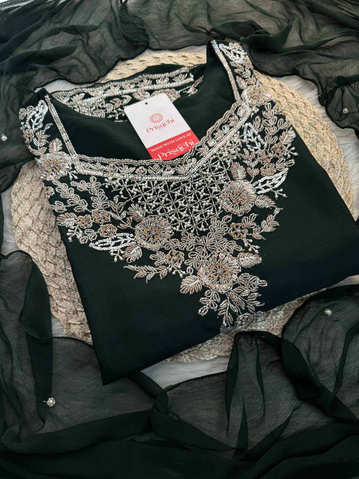 Dark Green Embroidered Kurti Sharara Suit Set with Dupatta for Women