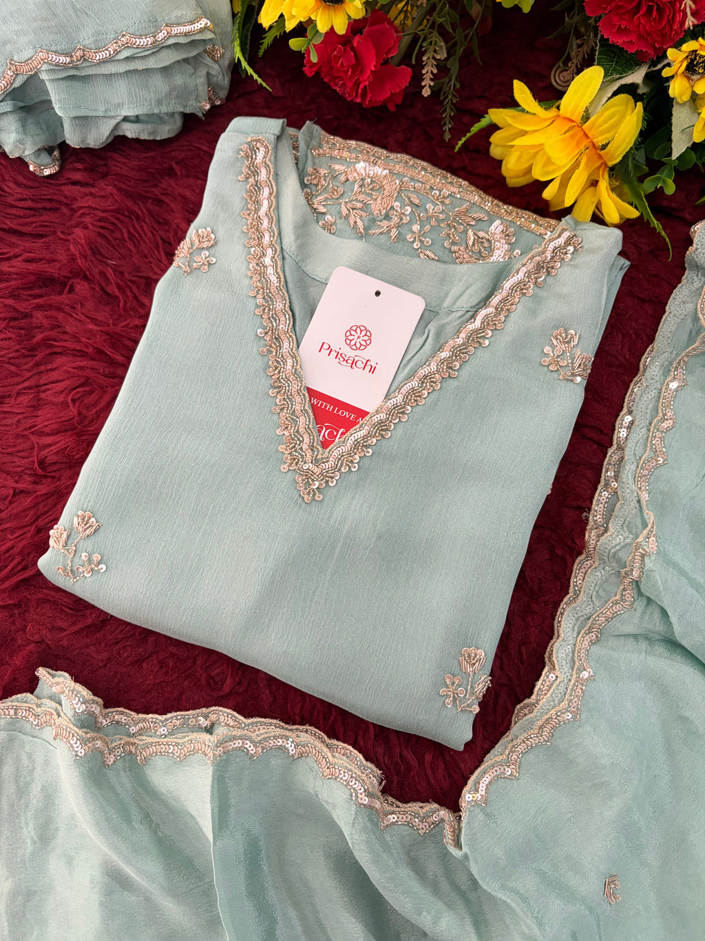 Sky Blue Zardozi Embroidered Kurti Set with Sharara And Dupatta | Festive & Wedding Ethnic Suit Set