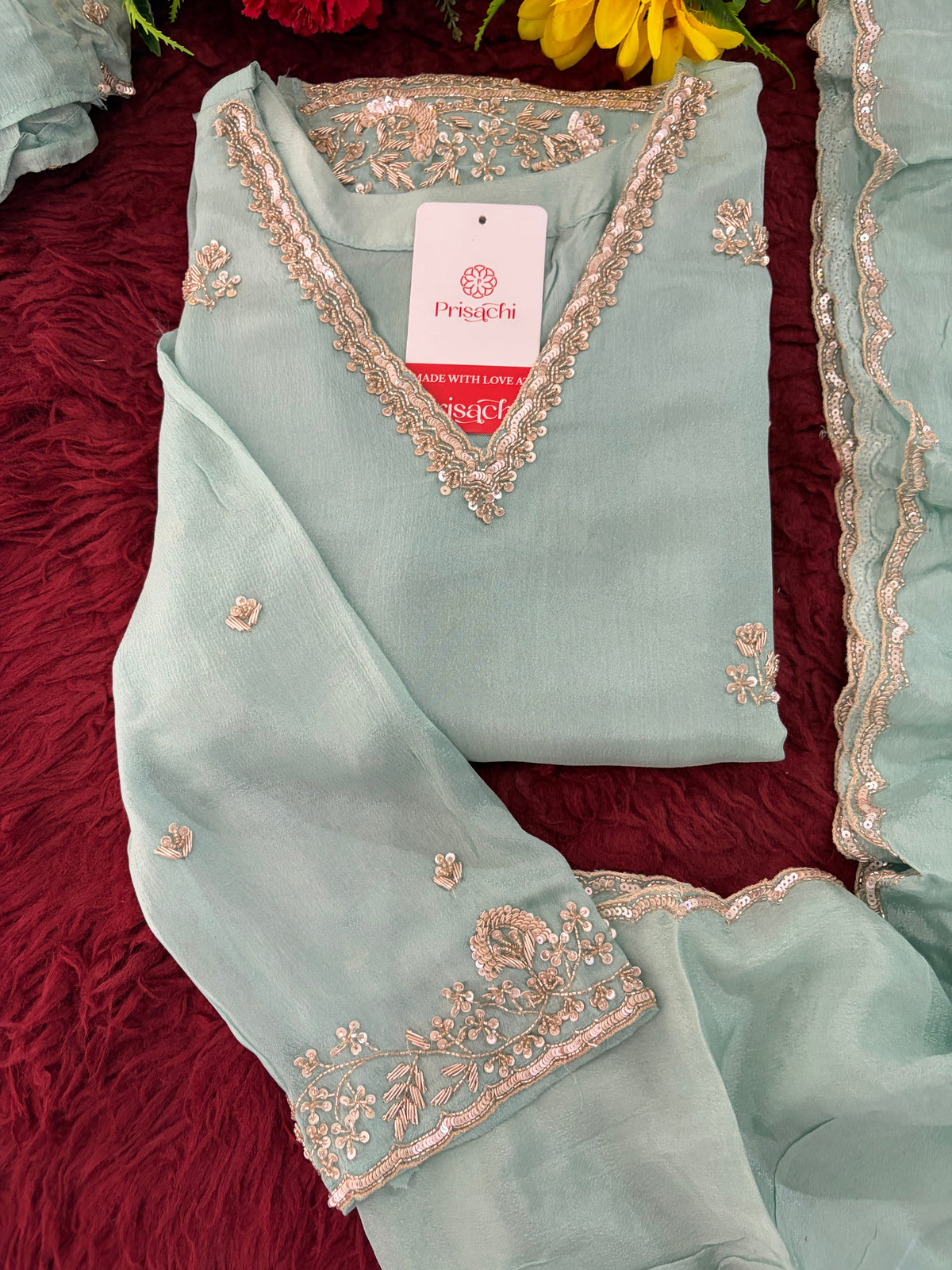 Sky Blue Zardozi Embroidered Kurti Set with Sharara And Dupatta | Festive & Wedding Ethnic Suit Set