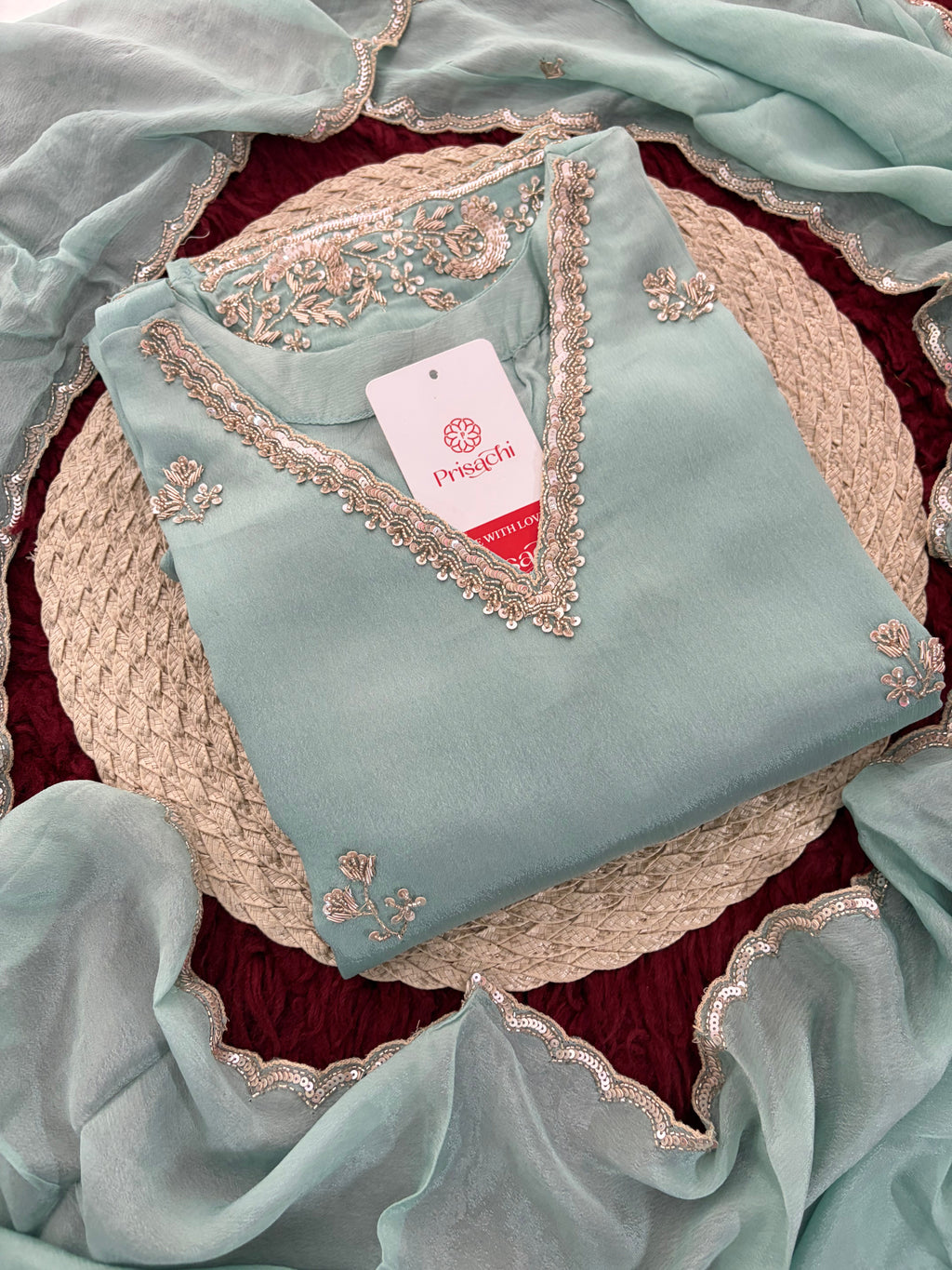 Sky Blue Zardozi Embroidered Kurti Set with Sharara And Dupatta | Festive & Wedding Ethnic Suit Set