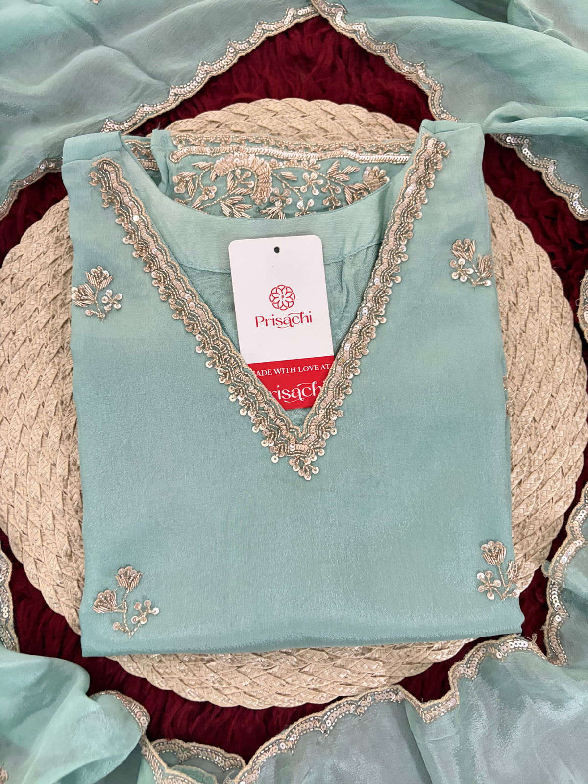 Sky Blue Zardozi Embroidered Kurti Set with Sharara And Dupatta | Festive & Wedding Ethnic Suit Set