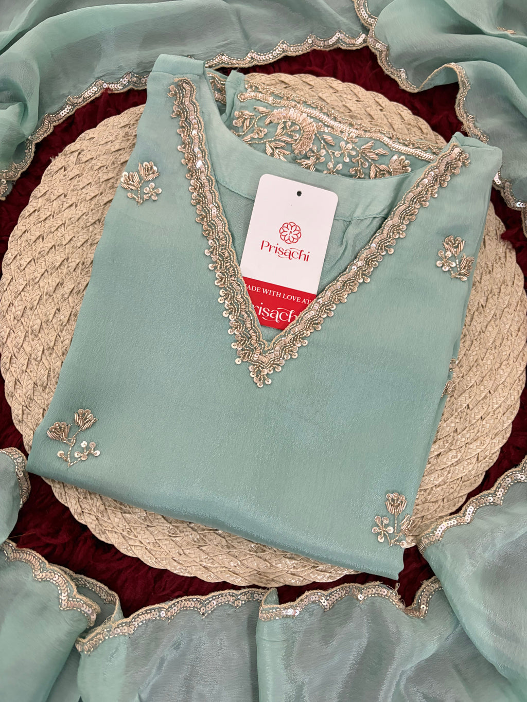 Sky Blue Zardozi Embroidered Kurti Set with Sharara And Dupatta | Festive & Wedding Ethnic Suit Set