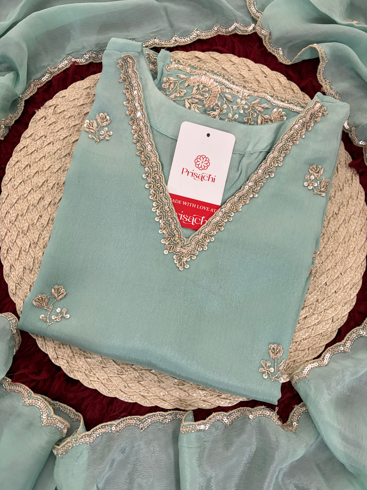 Sky Blue Zardozi Embroidered Kurti Set with Sharara And Dupatta | Festive & Wedding Ethnic Suit Set