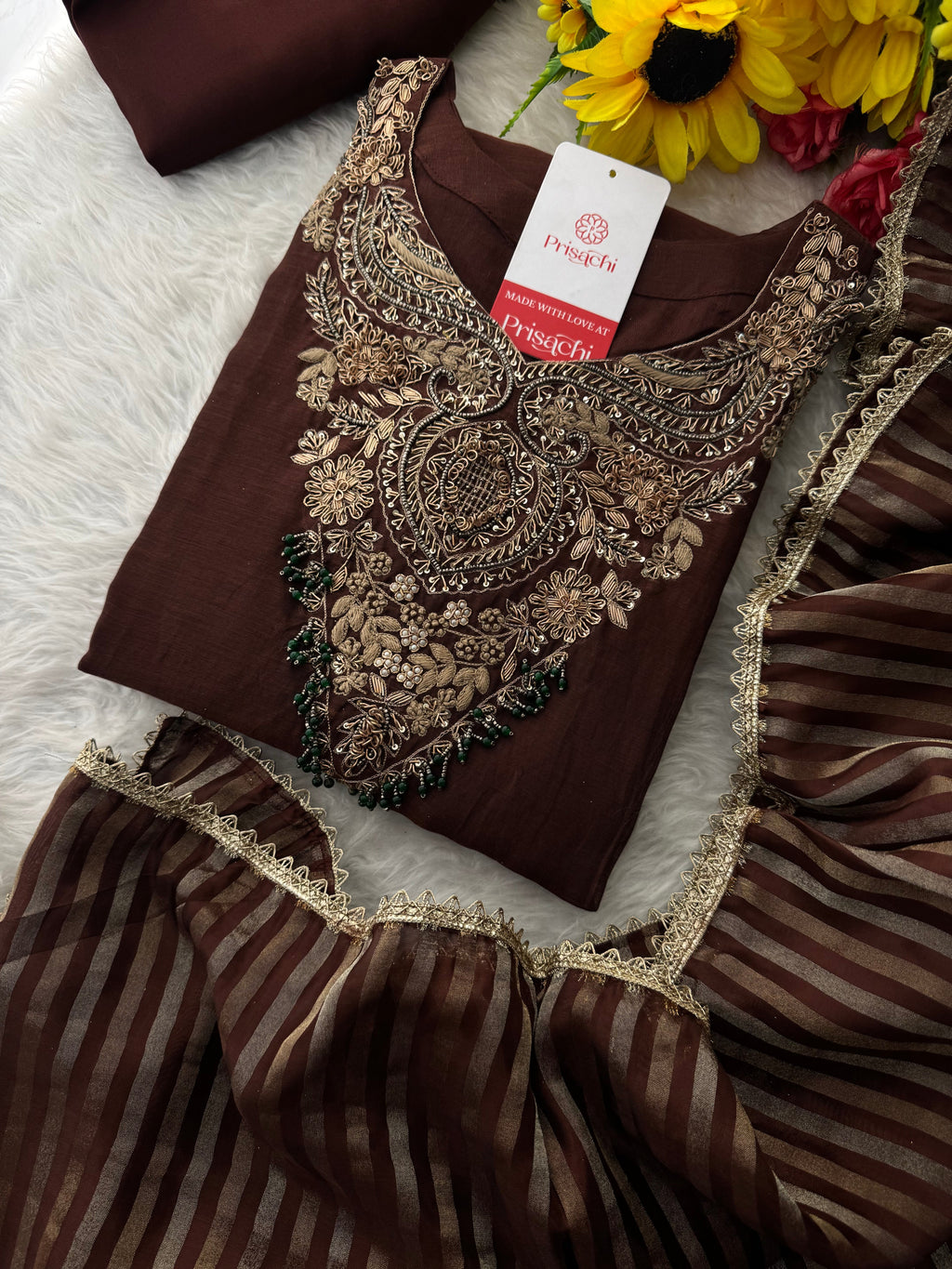 Brown Designer Embroidered Ethnic A-Line Kurta Set with Pants & Dupatta