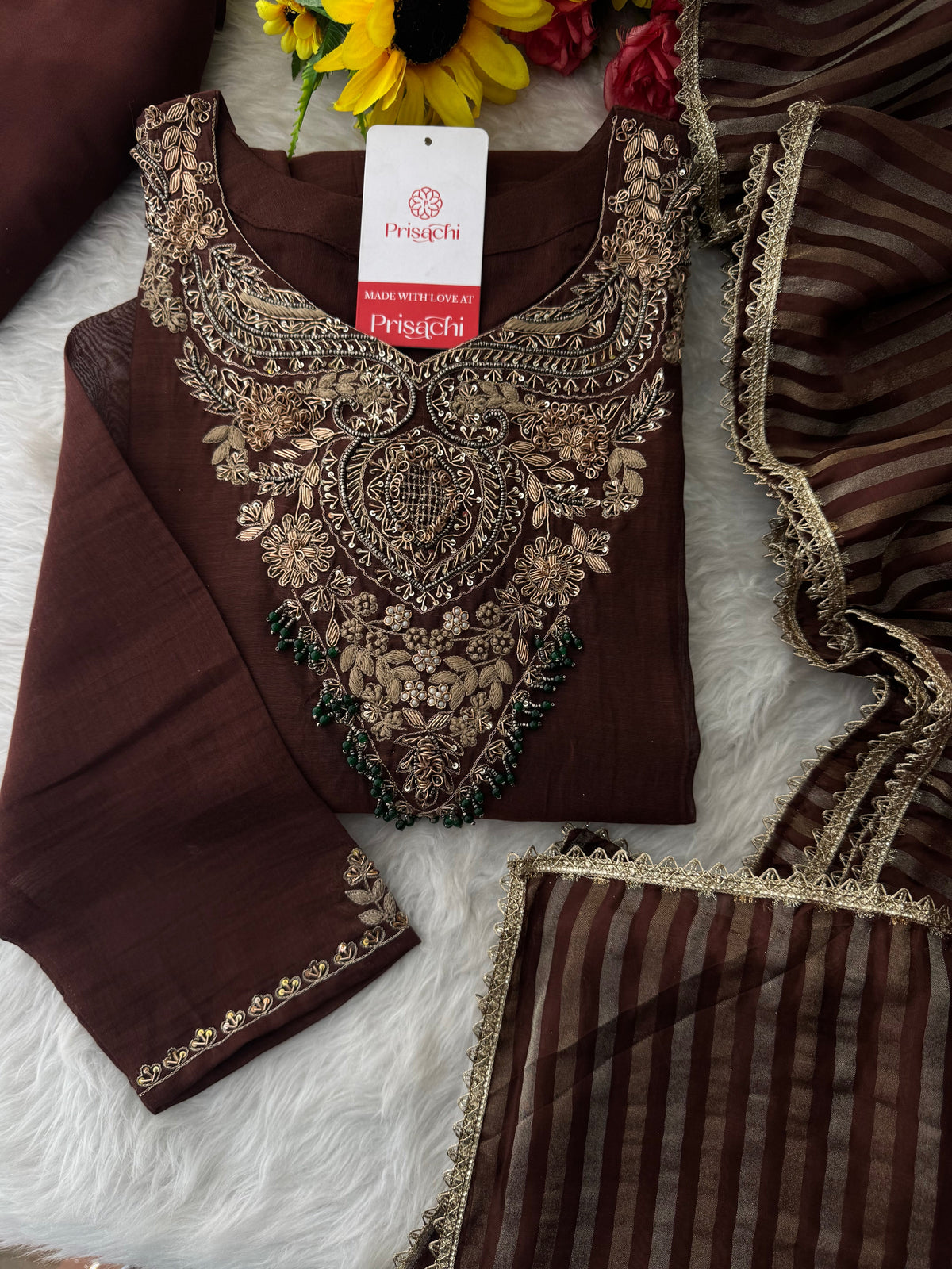 Brown Designer Embroidered Ethnic A-Line Kurta Set with Pants & Dupatta