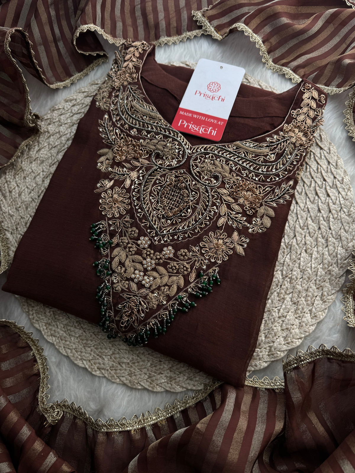 Brown Designer Embroidered Ethnic A-Line Kurta Set with Pants & Dupatta