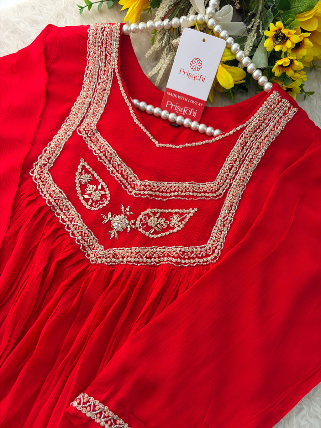 Red Zardozi Embroidered Ethnic A-Line kurta set with dupatta and Pants | Traditional Festive Suit