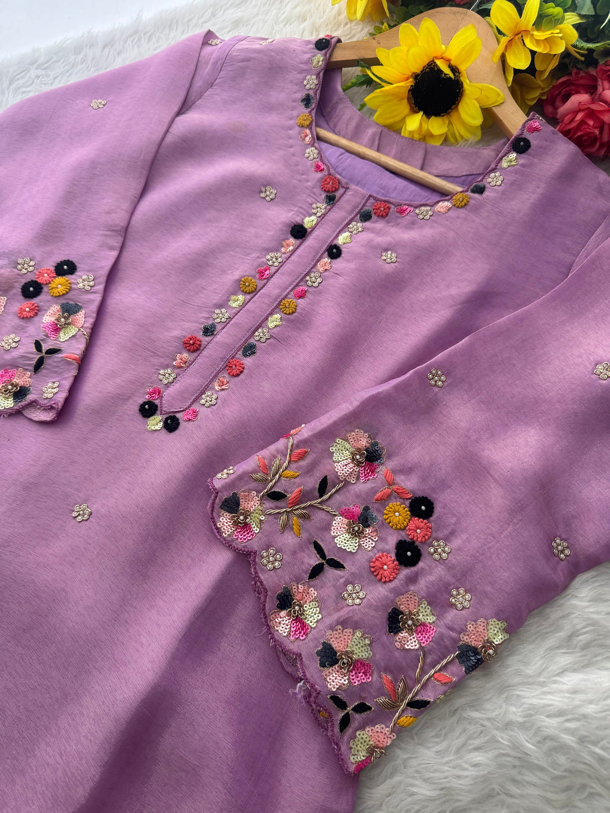 Purple Hand-Embroidered Ethnic Kurta Set for Women with Pants & Dupatta