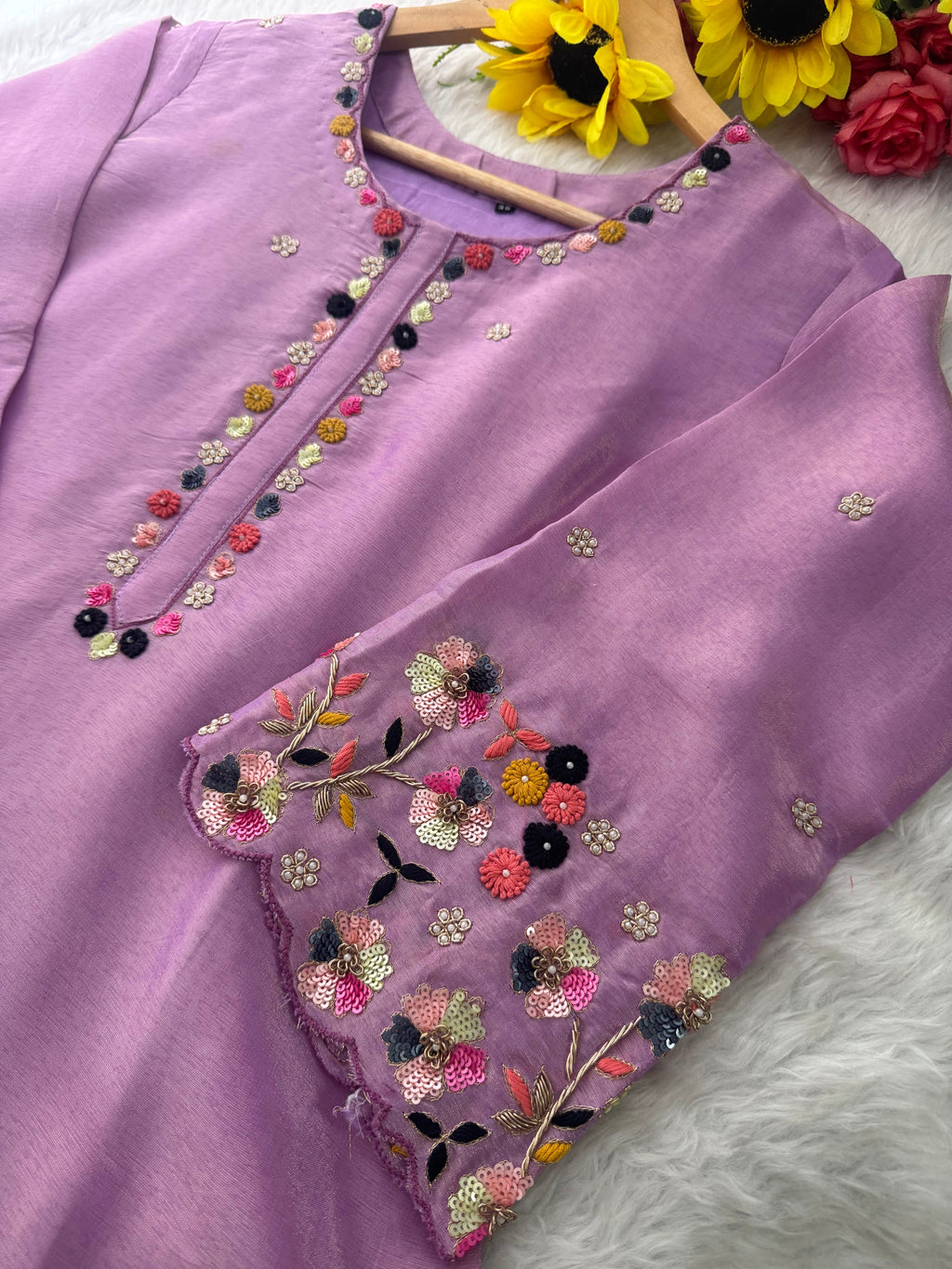 Purple Hand-Embroidered Ethnic Kurta Set for Women with Pants & Dupatta