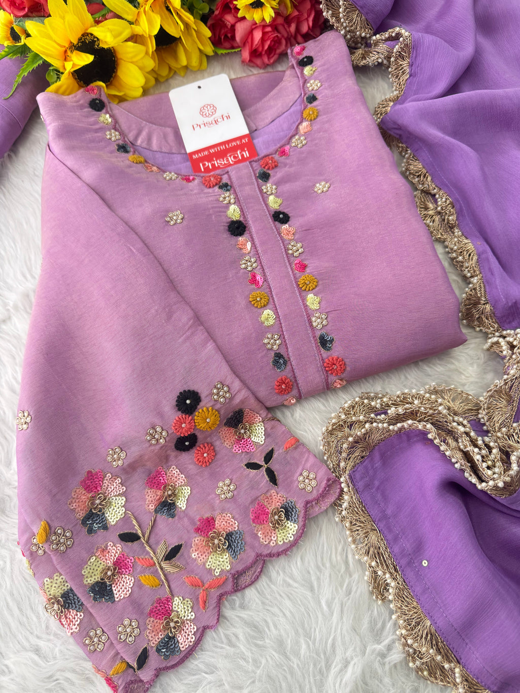 Purple Hand-Embroidered Ethnic Kurta Set for Women with Pants & Dupatta