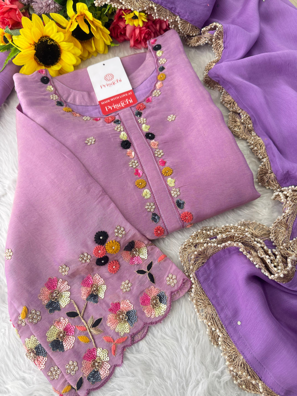 Purple Hand-Embroidered Ethnic Kurta Set for Women with Pants & Dupatta