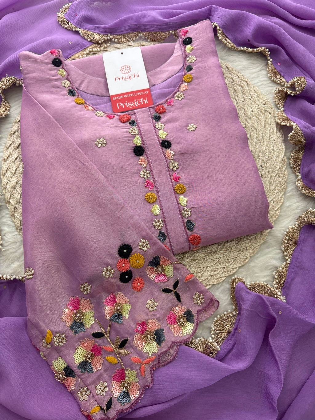 Purple Hand-Embroidered Ethnic Kurta Set for Women with Pants & Dupatta