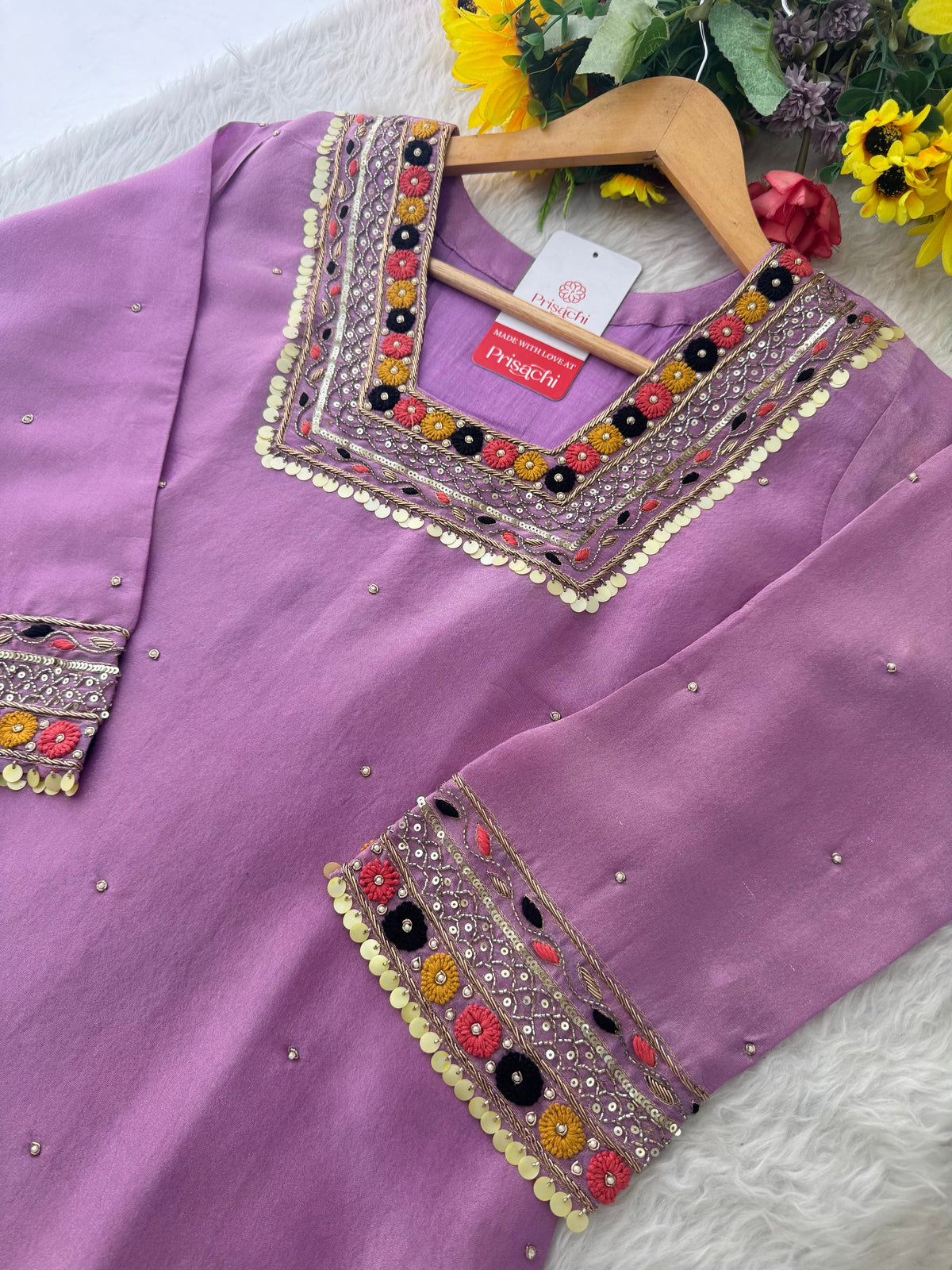 Purple Embroidered Ethnic Kurta Set for Women with Pants & Dupatta
