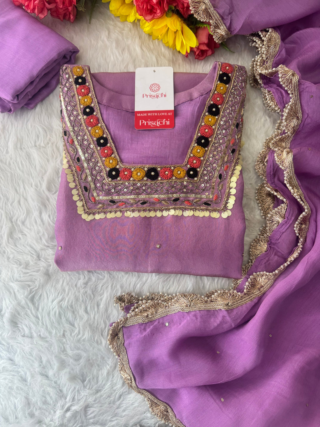 Purple Embroidered Ethnic Kurta Set for Women with Pants & Dupatta