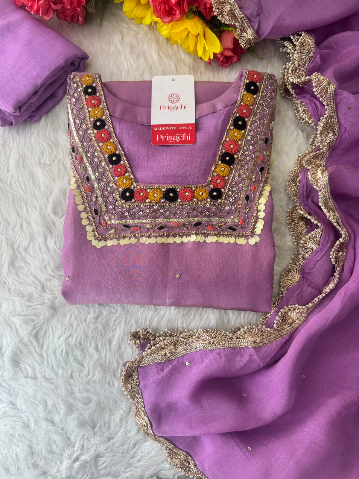 Purple Embroidered Ethnic Kurta Set for Women with Pants & Dupatta
