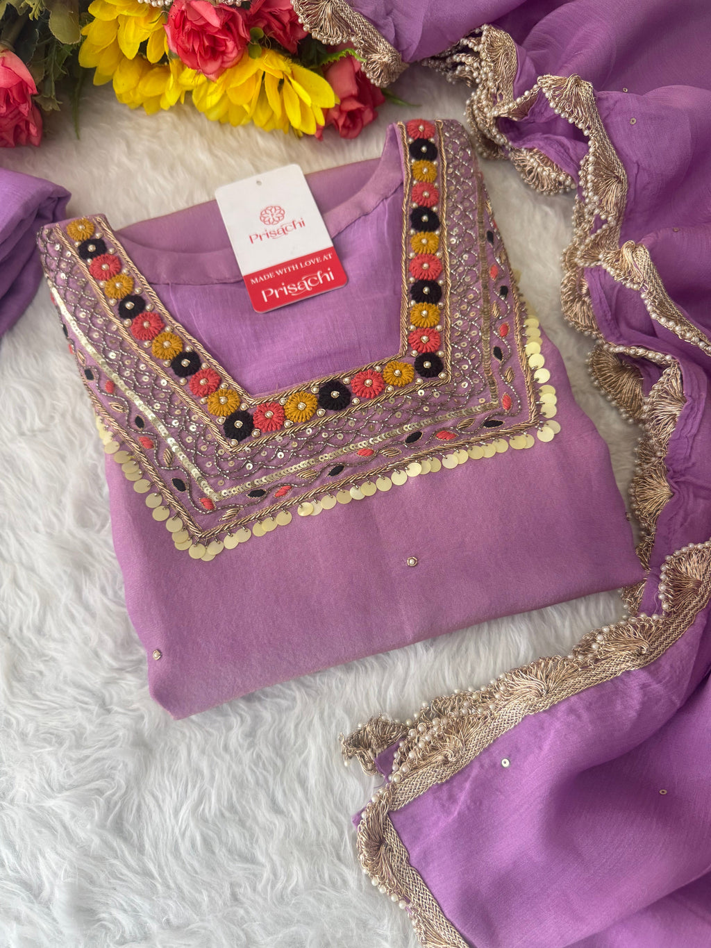 Purple Embroidered Ethnic Kurta Set for Women with Pants & Dupatta
