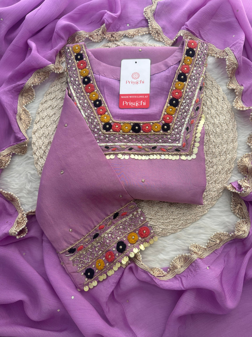 Purple Embroidered Ethnic Kurta Set for Women with Pants & Dupatta