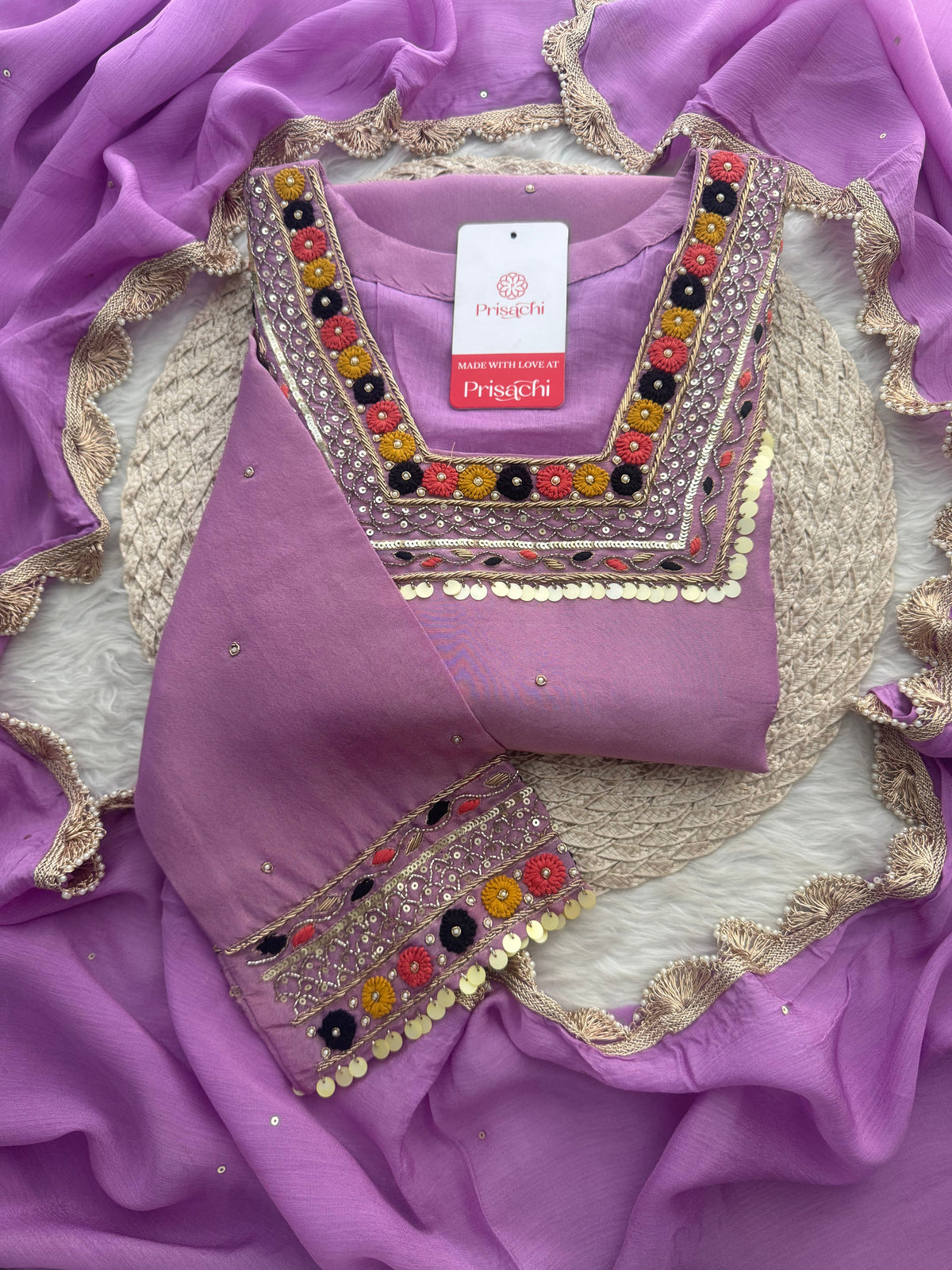 Purple Embroidered Ethnic Kurta Set for Women with Pants & Dupatta
