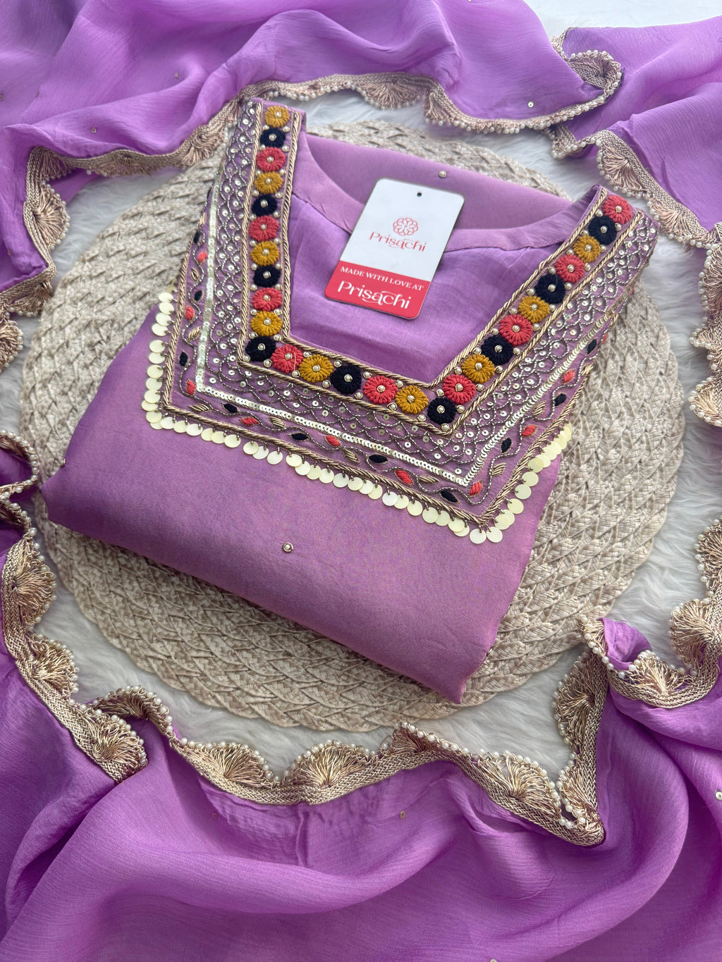 Purple Embroidered Ethnic Kurta Set for Women with Pants & Dupatta