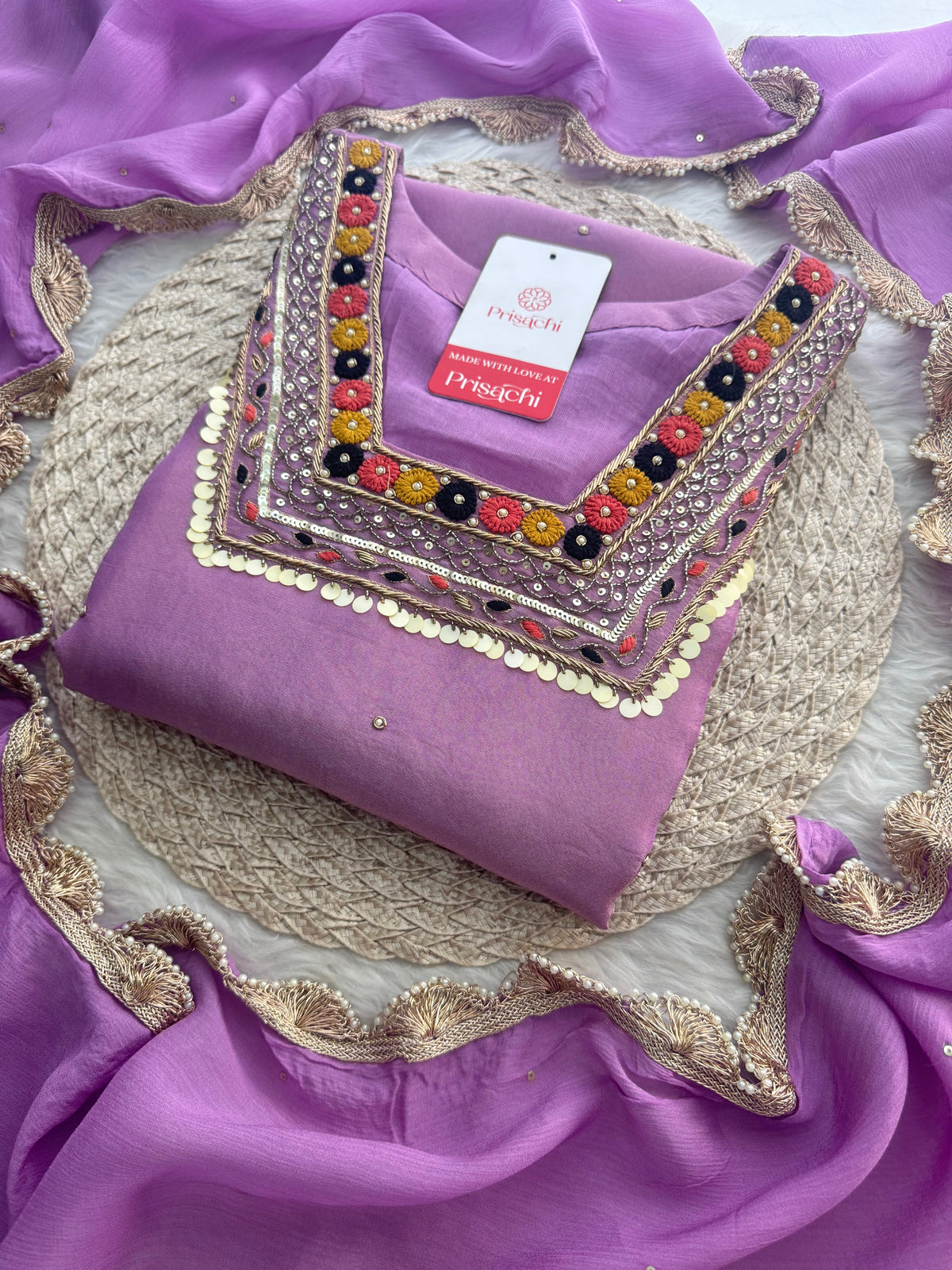 Purple Embroidered Ethnic Kurta Set for Women with Pants & Dupatta