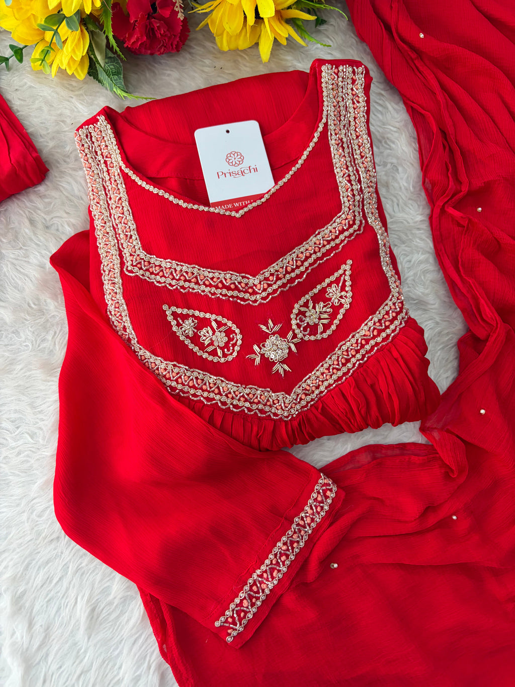 Red Zardozi Embroidered Ethnic A-Line kurta set with dupatta and Pants | Traditional Festive Suit