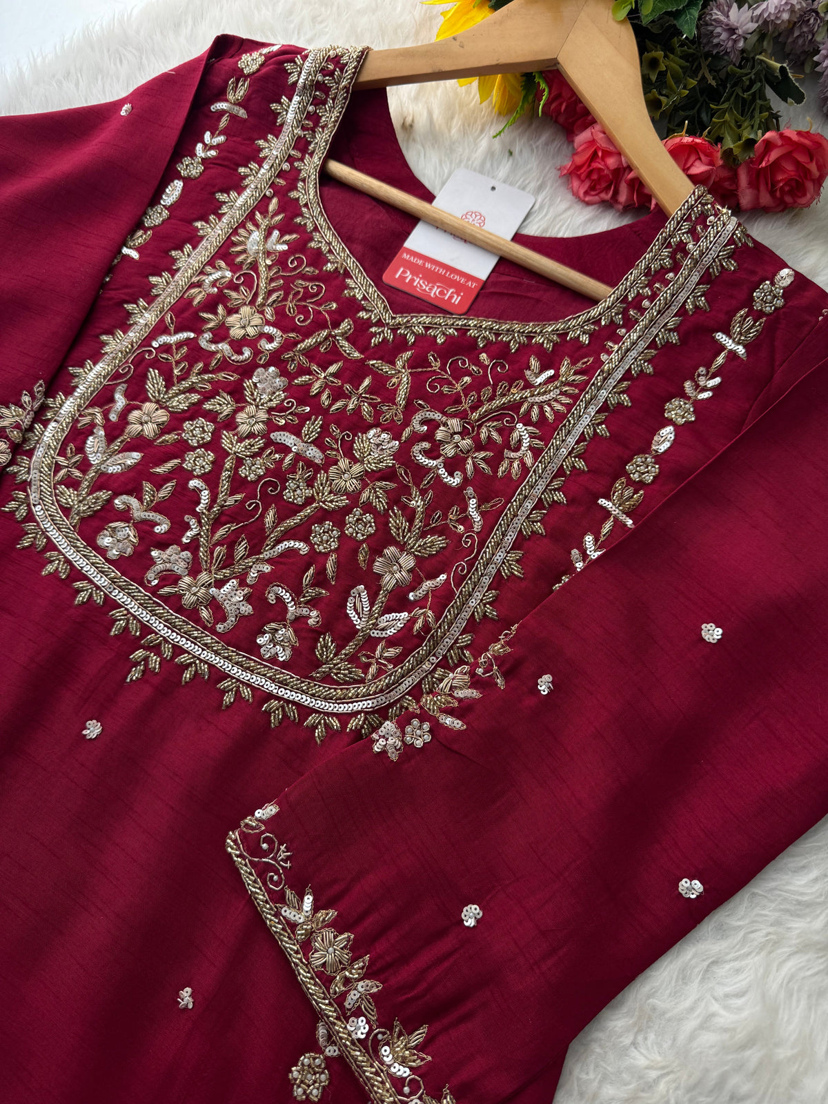 Wine Hand Embroidered Designer Ethnic Kurta Set with Pants & Dupatta