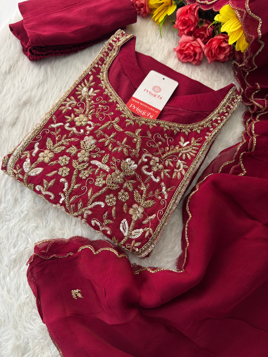 Wine Hand Embroidered Designer Ethnic Kurta Set with Pants & Dupatta
