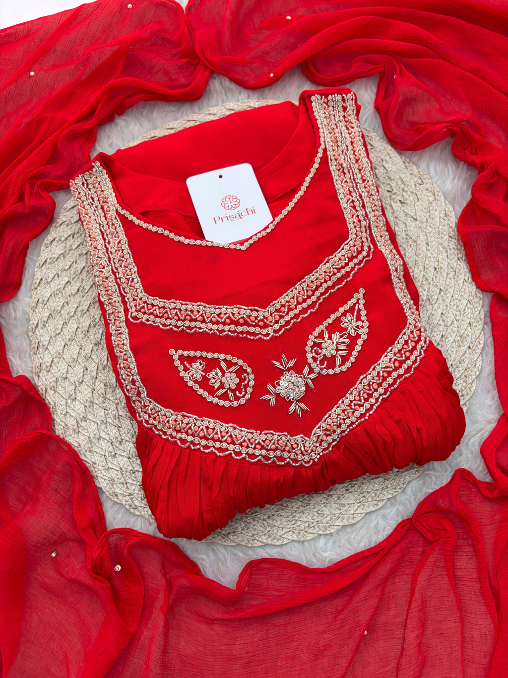 Red Zardozi Embroidered Ethnic A-Line kurta set with dupatta and Pants | Traditional Festive Suit