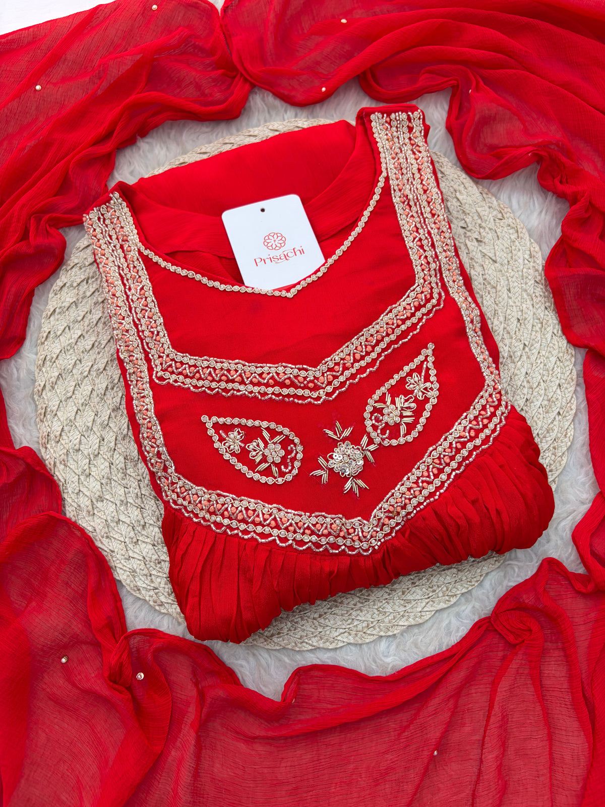Red Zardozi Embroidered Ethnic A-Line kurta set with dupatta and Pants | Traditional Festive Suit