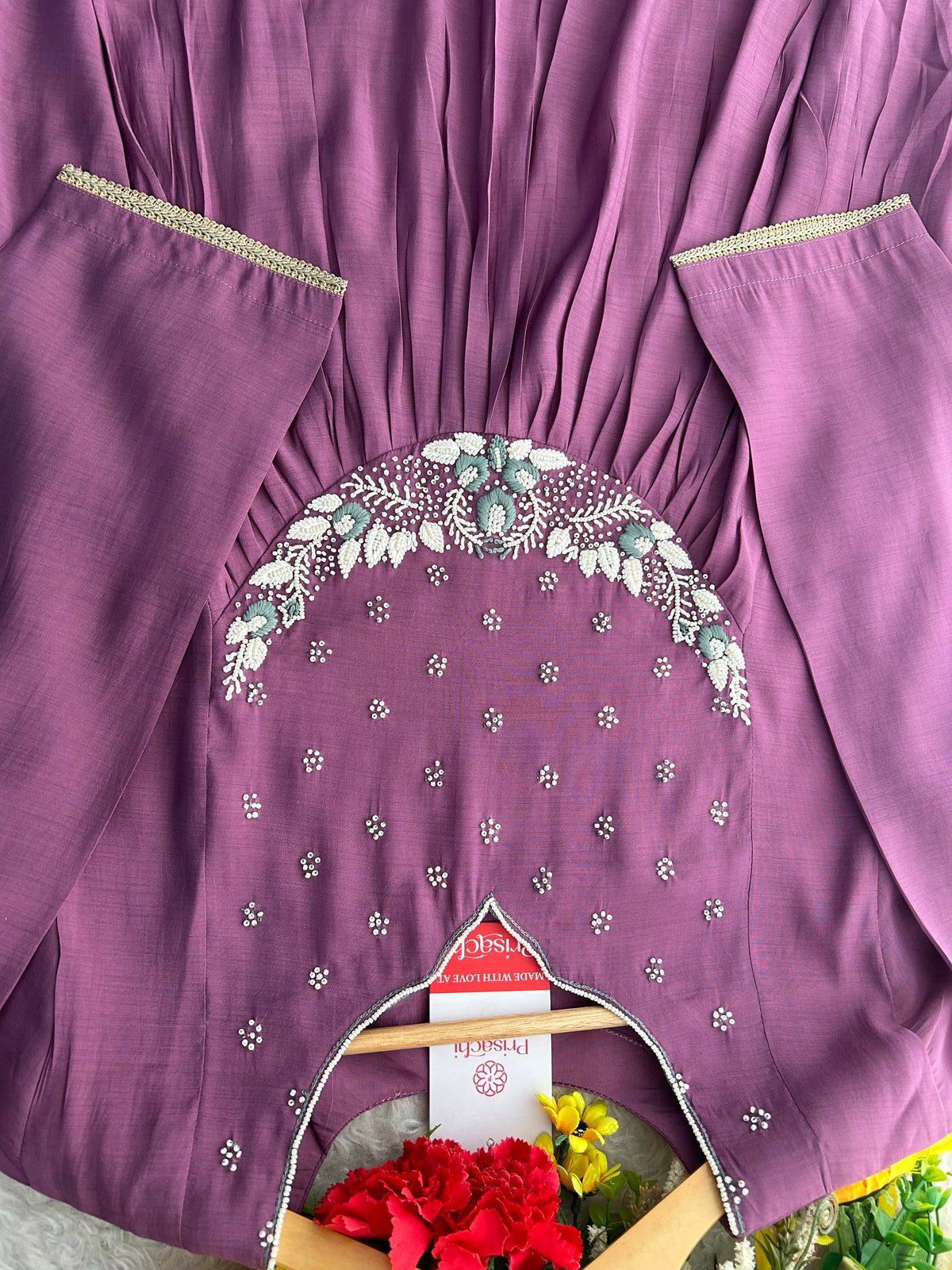 Purple Embroidered A-Line Ethnic Kurta Set with Dupatta & Pants