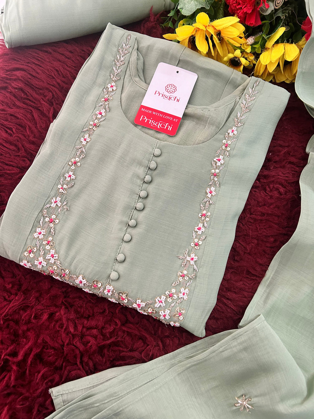 Pista Green Designer Embroidered A-Line Ethnic Kurta Set with Dupatta & Pants