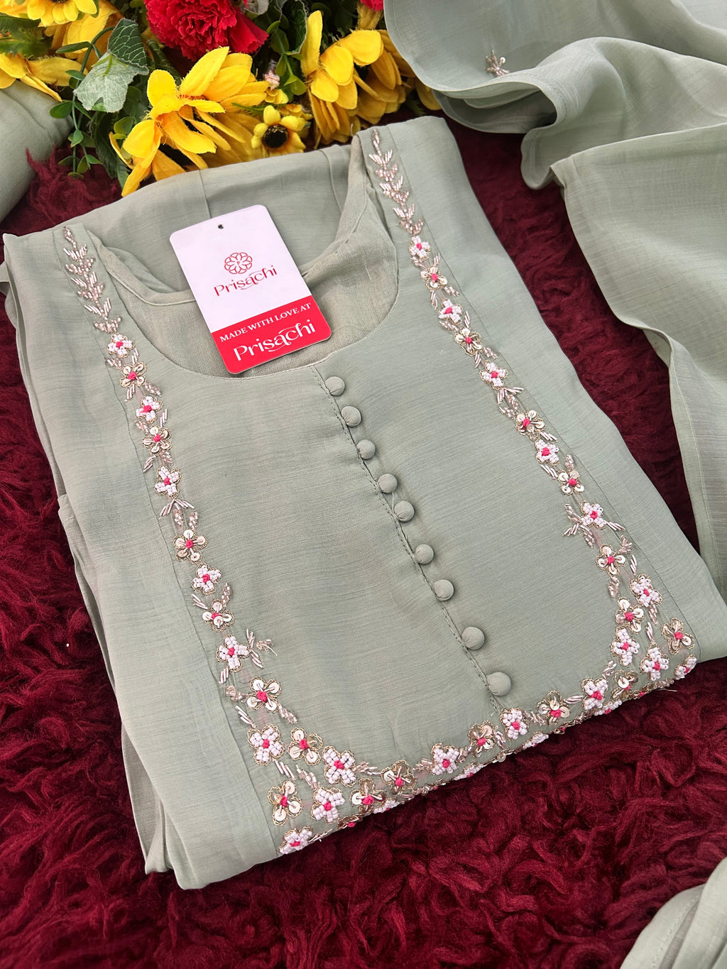 Blue Embroidered A-Line Ethnic Kurta Set with Dupatta & Pants