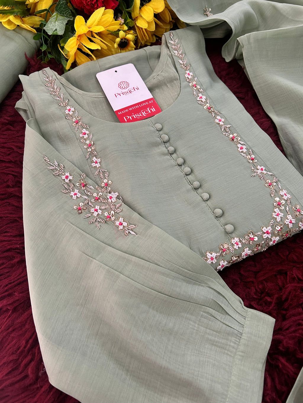 Pista Green Designer Embroidered A-Line Ethnic Kurta Set with Dupatta & Pants