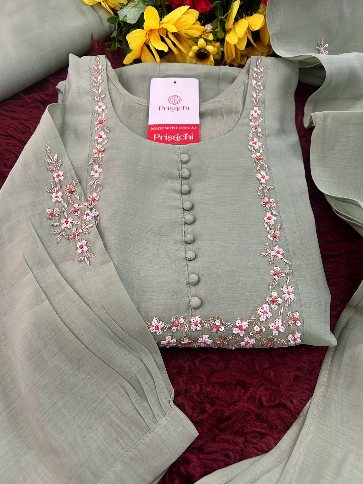 Pista Green Designer Embroidered A-Line Ethnic Kurta Set with Dupatta & Pants