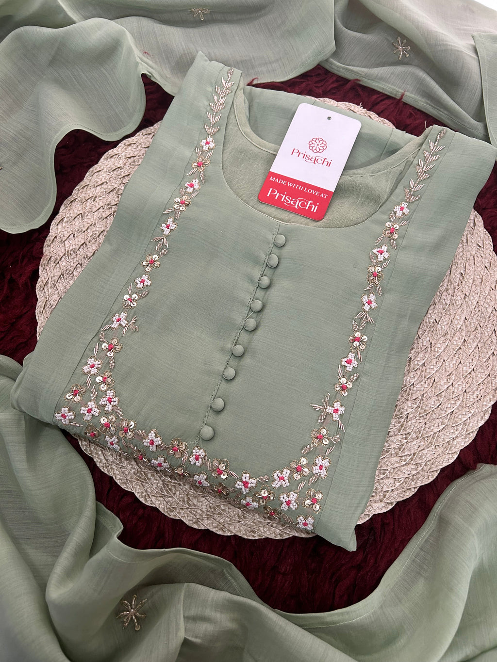 Pista Green Designer Embroidered A-Line Ethnic Kurta Set with Dupatta & Pants