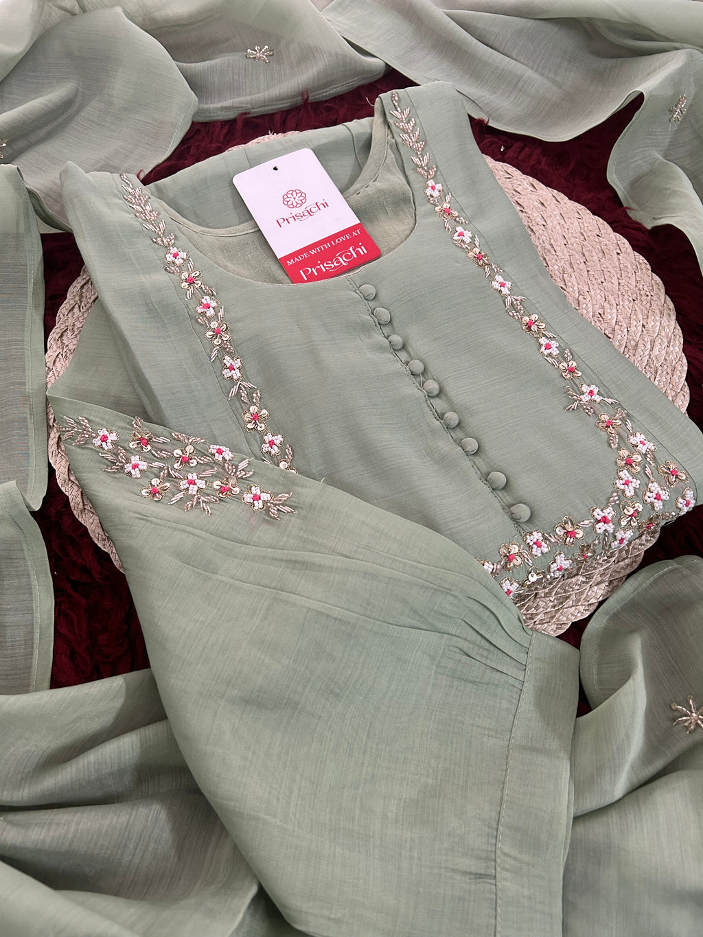 Pista Green Designer Embroidered A-Line Ethnic Kurta Set with Dupatta & Pants