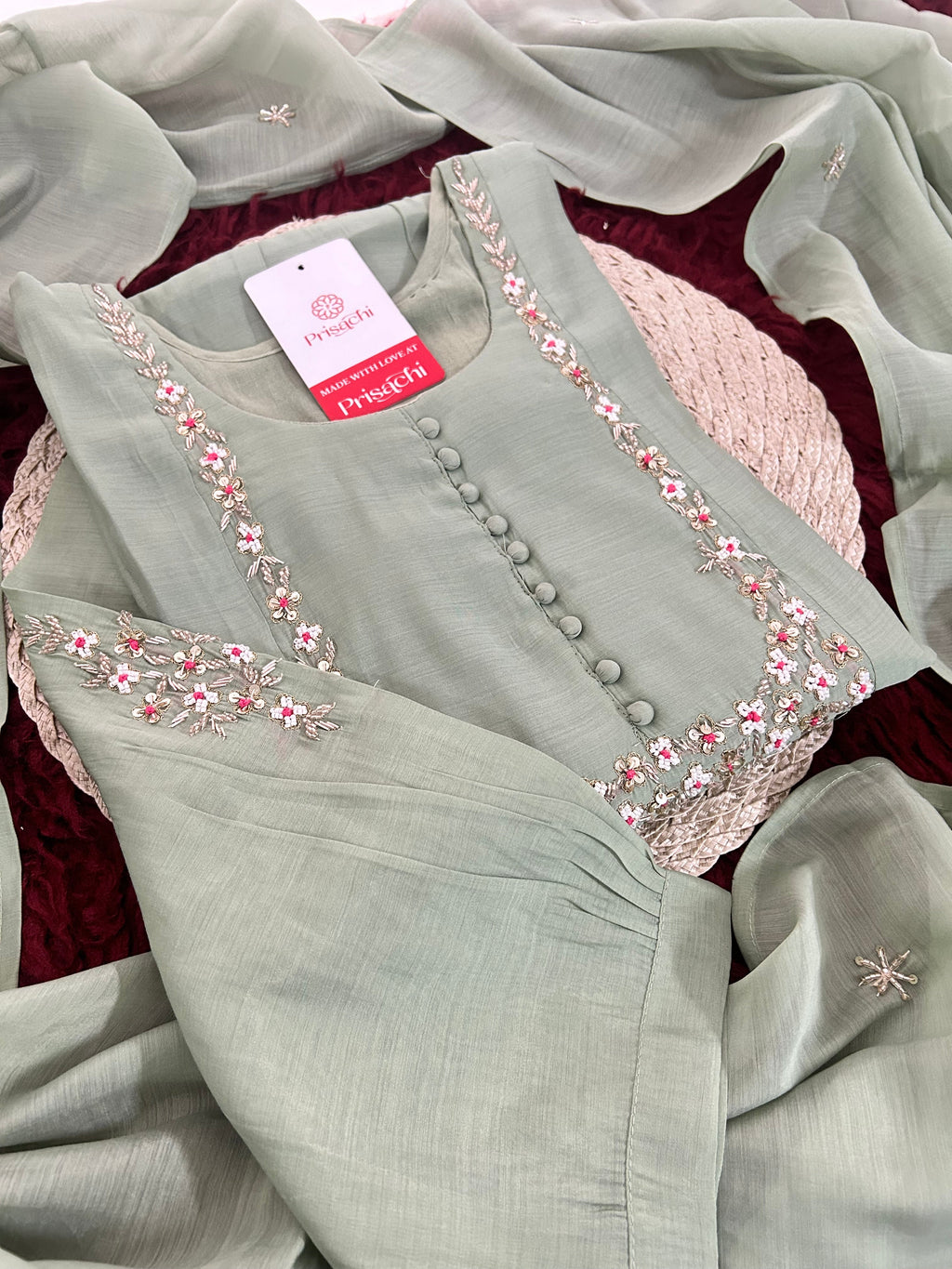 Pista Green Designer Embroidered A-Line Ethnic Kurta Set with Dupatta & Pants