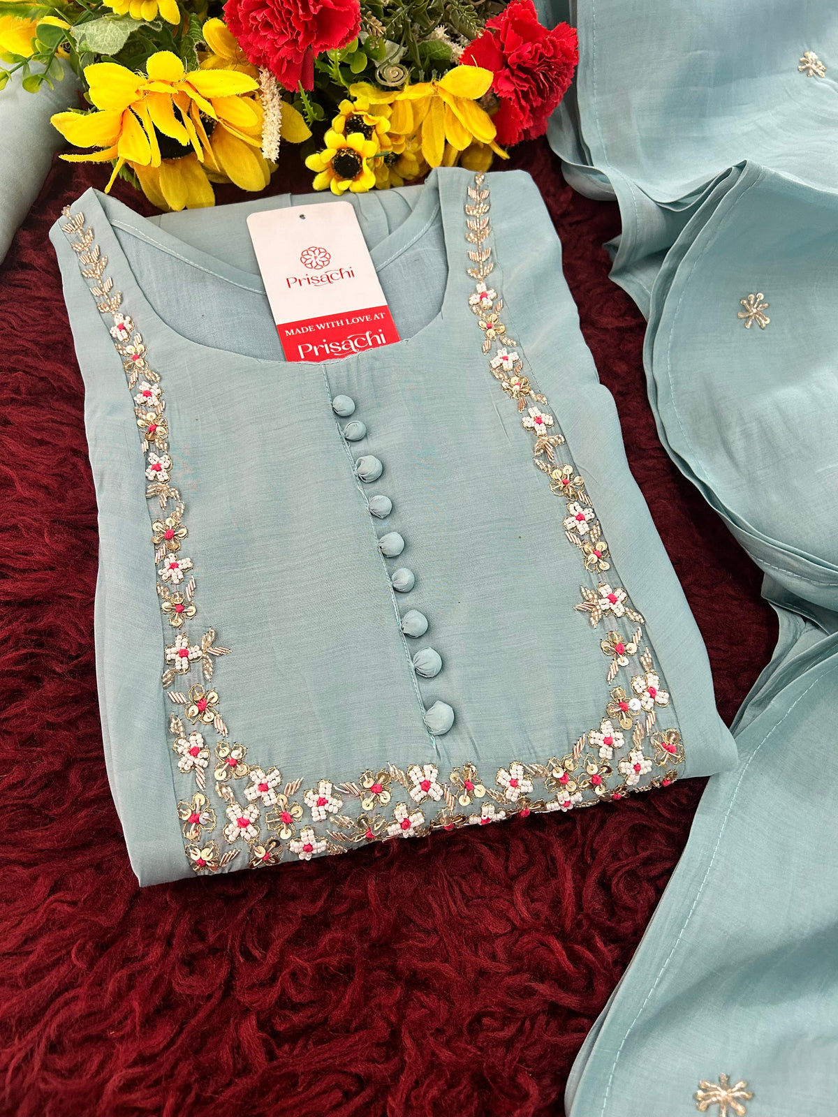 Blue Embroidered A-Line Ethnic Kurta Set with Dupatta & Pants