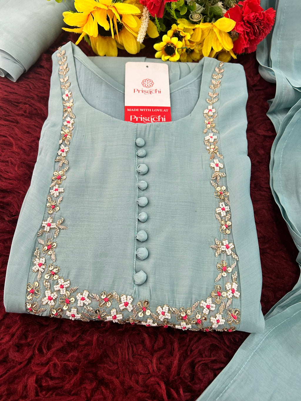 Pista Green Designer Embroidered A-Line Ethnic Kurta Set with Dupatta & Pants