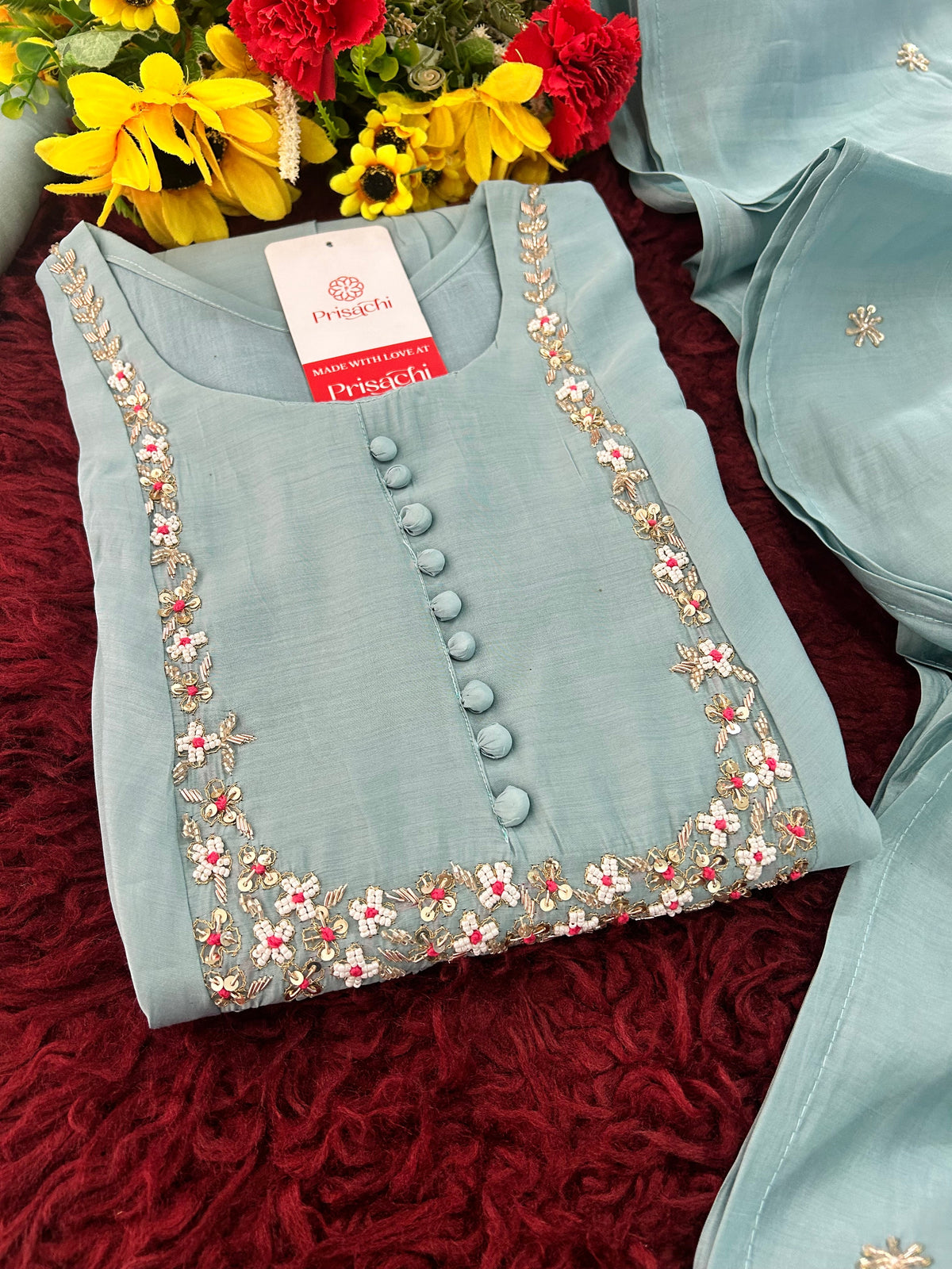 Blue Embroidered A-Line Ethnic Kurta Set with Dupatta & Pants