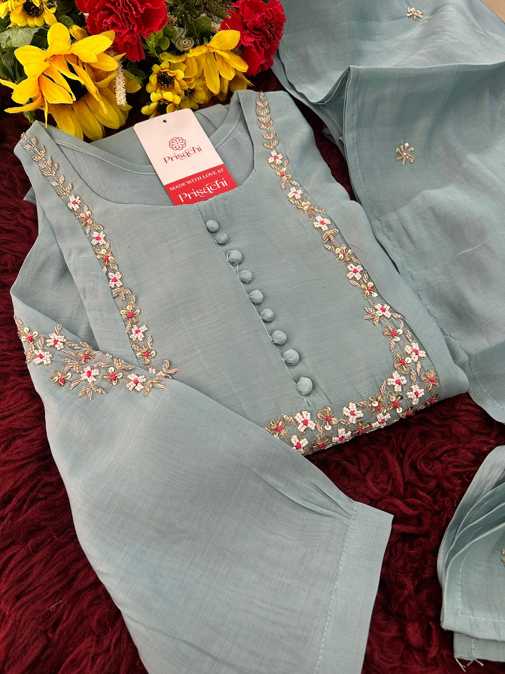 Blue Embroidered A-Line Ethnic Kurta Set with Dupatta & Pants