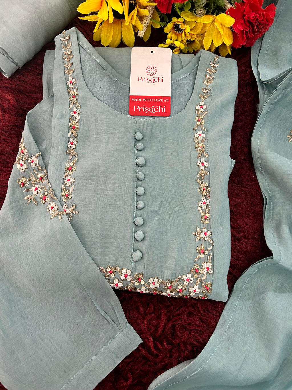 Blue Embroidered A-Line Ethnic Kurta Set with Dupatta & Pants